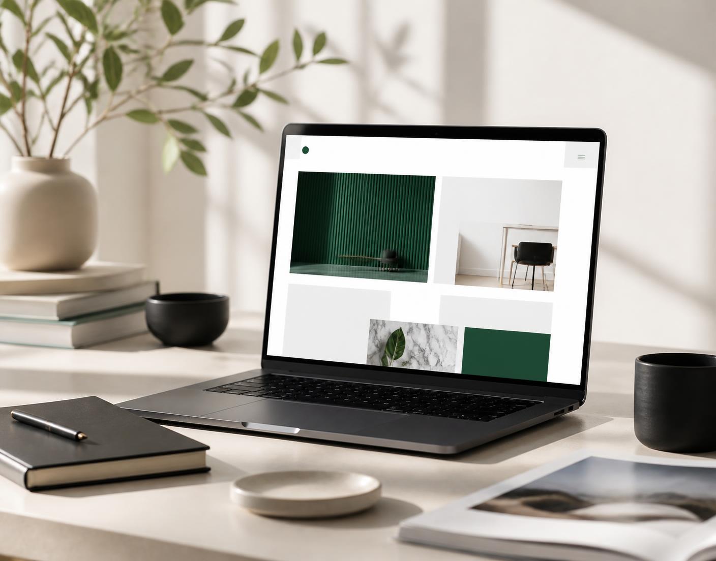A modern business website displayed on a laptop in a bright workspace